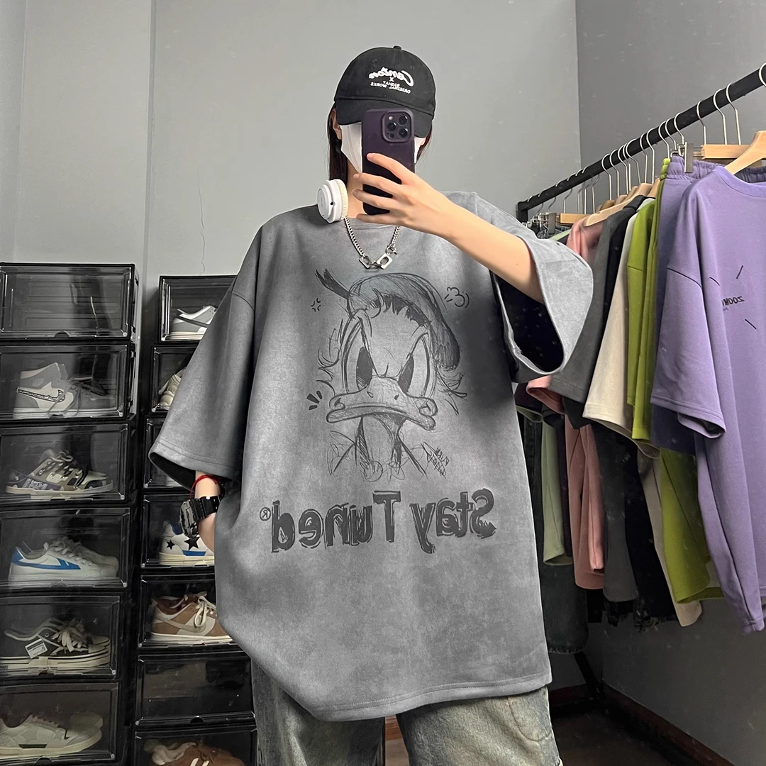 大码300斤唐老鸭重磅短袖t恤男款夏季情侣装美式复古仿麂皮体恤潮