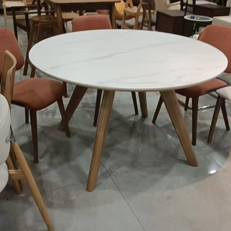 纯原木岩板叉腿桌北欧简约圆形家用岩板桌松弛感轻奢微瑕无售后