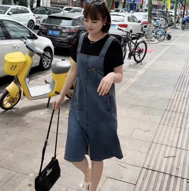 夏季牛仔宽松假两件前开叉直筒背心裙连衣裙