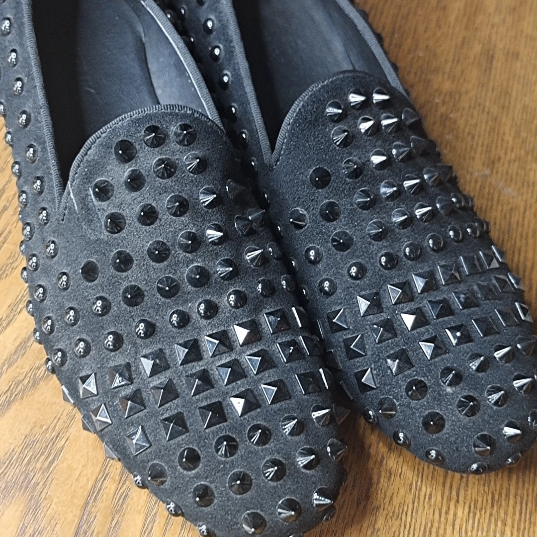 超酷水钻低跟黑色豆豆鞋铆钉套脚凉鞋乐福鞋包头男鞋