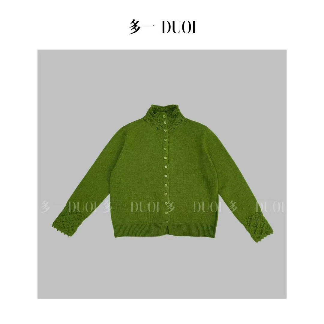 多一“云厘”2025冬季半高领钩花单排扣软糯松紧长袖百搭毛衣开衫