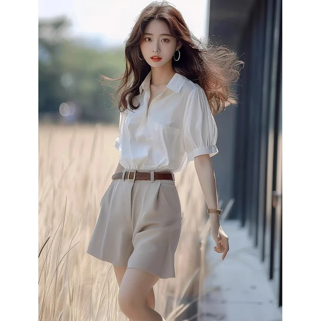夏季穿搭一整套时尚套装女2025新款短袖白衬衫阔腿短裤显瘦两件套
