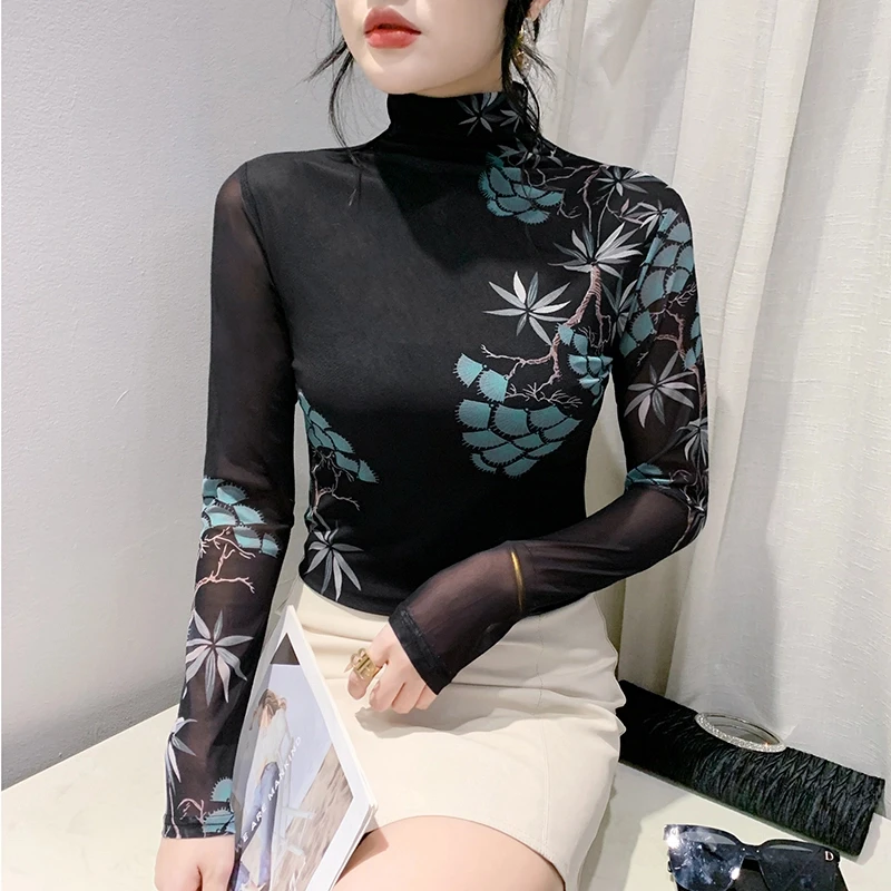 【自由鸟专属】2025新款时尚洋气长袖高领网纱t恤女修身上衣百搭