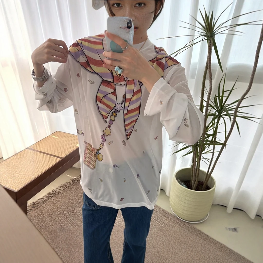 现货【手绘领结碎花T恤】25秋新品挎包印花长袖宽松防晒罩衫上衣女