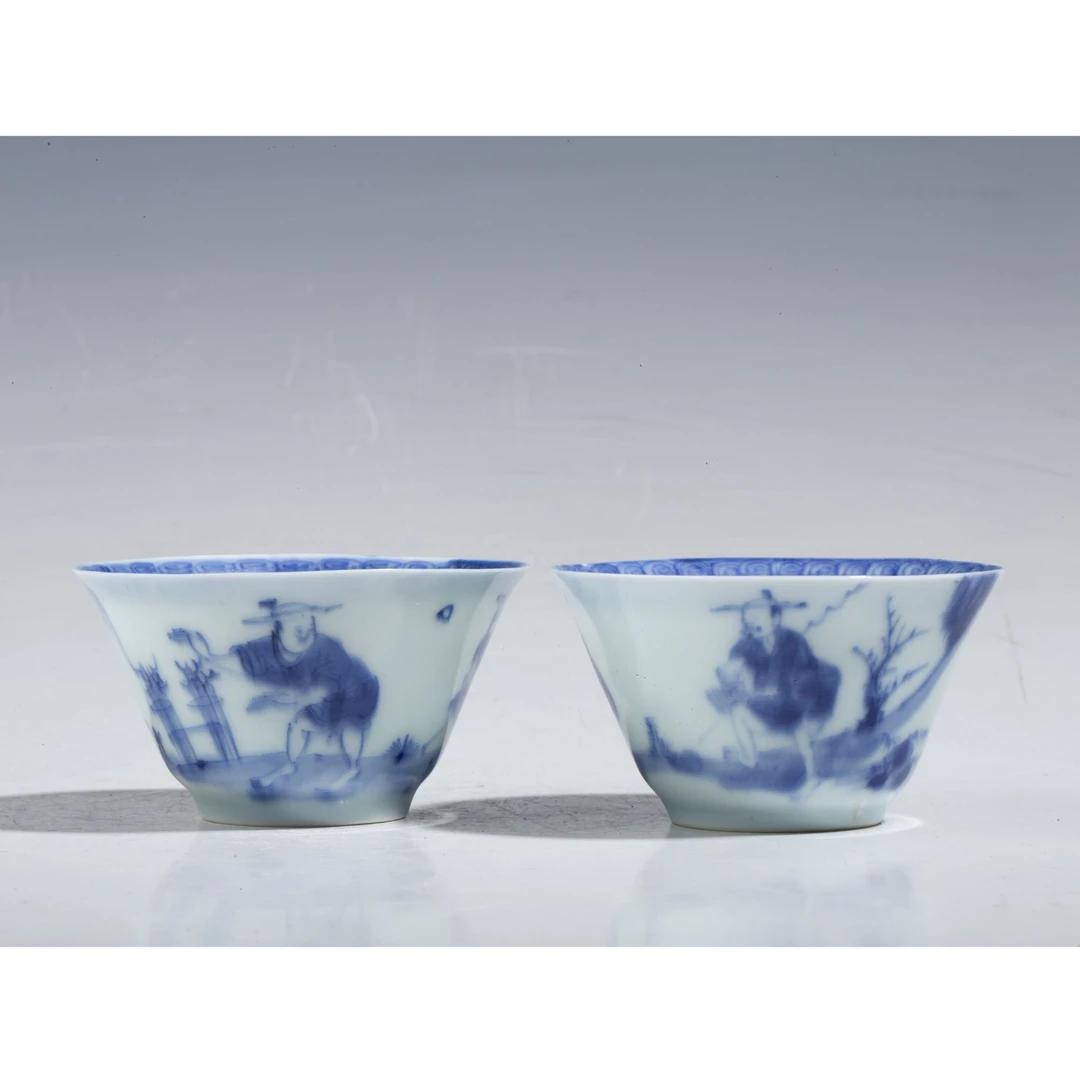 【拍卖-清康熙】·青花渔乐图小杯一对