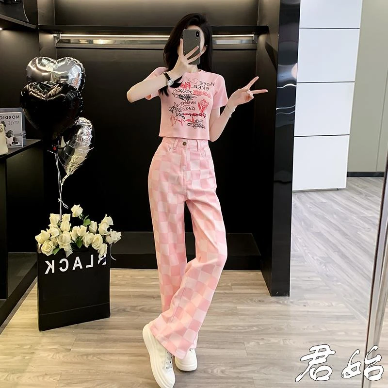辣妹粉色宽松阔腿套装女夏季炸街减龄时尚高腰洋气痞帅炸街风女装
