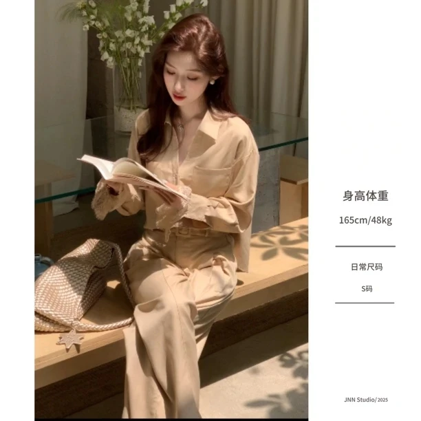 杏花春雨蕾丝拼接韩系ins风高级松弛感衬衫休闲套装