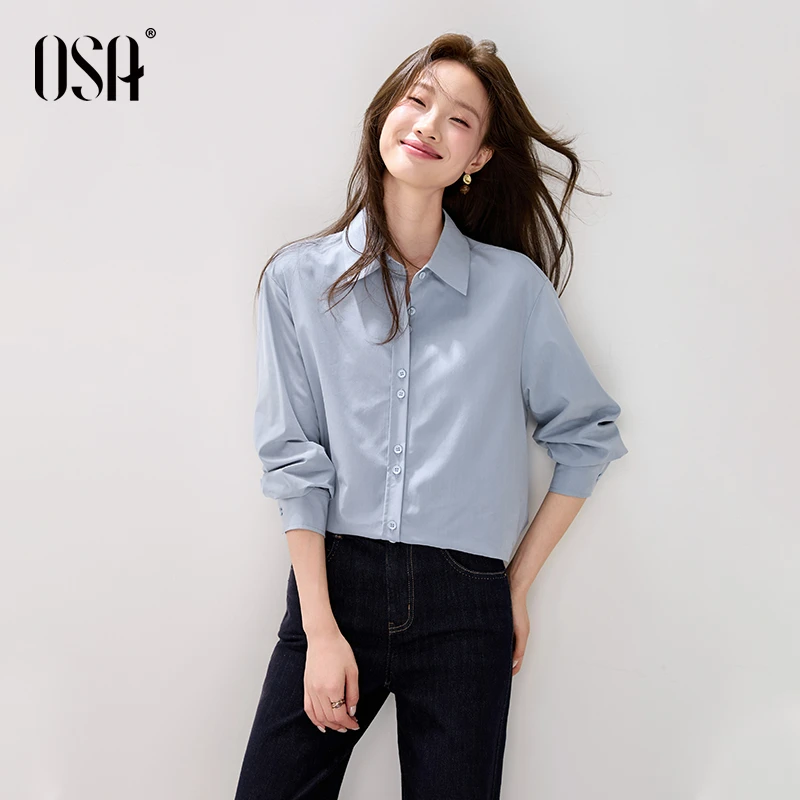 OSA高智感磨毛衬衫女秋新款通勤休闲长袖翻领衬衣上衣S125C12006
