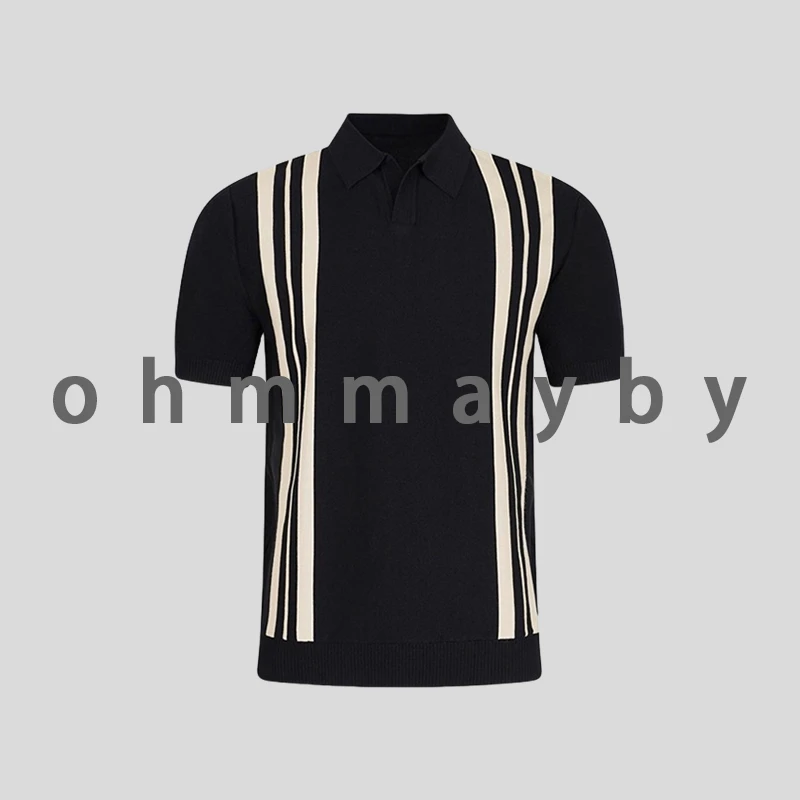ohmmayby时尚潮流拼色翻领t恤针织短袖男夏新款修身竖条纹polo衫