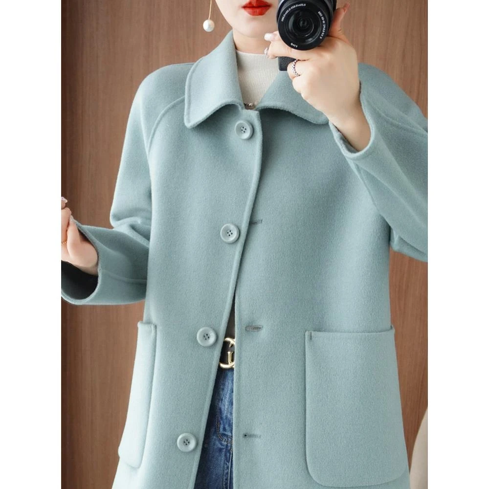 大衣女双面呢绒中长款娃娃领修身显瘦韩版毛呢赫本风百搭外套