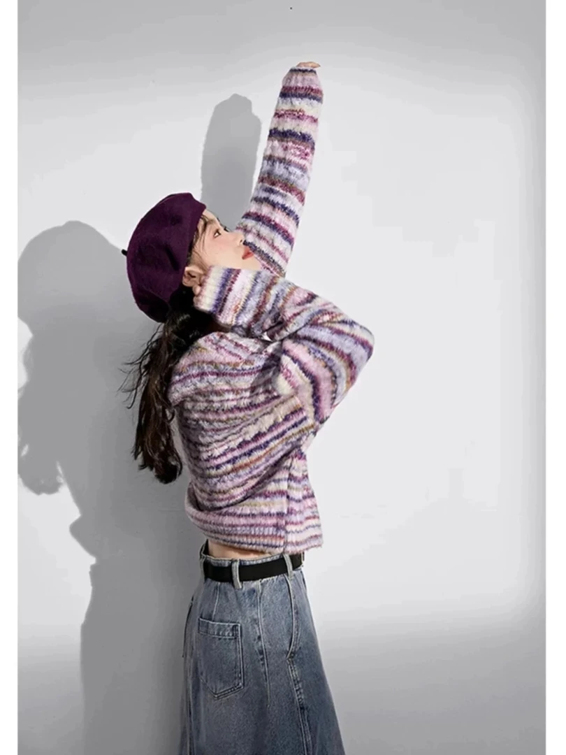 法式条纹温柔慵懒风上衣女秋冬短款高级感针织衫毛衣