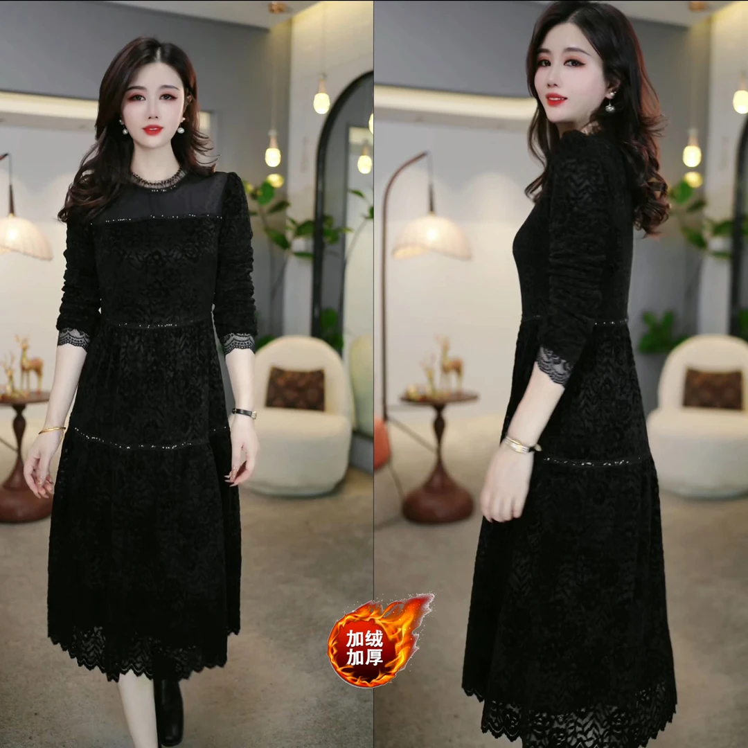 2024秋冬黑色立体花纹圆领长袖时尚显瘦修身女装连衣裙M-4XL