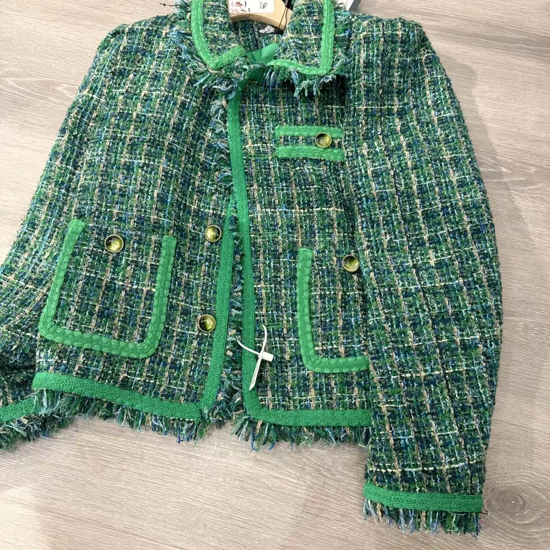 3630复古绿显白外套女20245春季新款女装小香风呢子短外套小个子