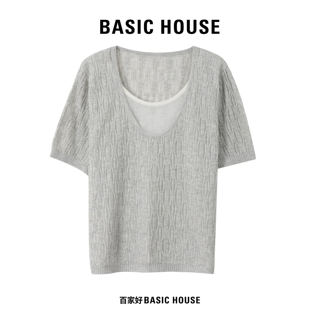 Basic House/百家好2025年新款单排扣时尚短袖针织衫9342 MM
