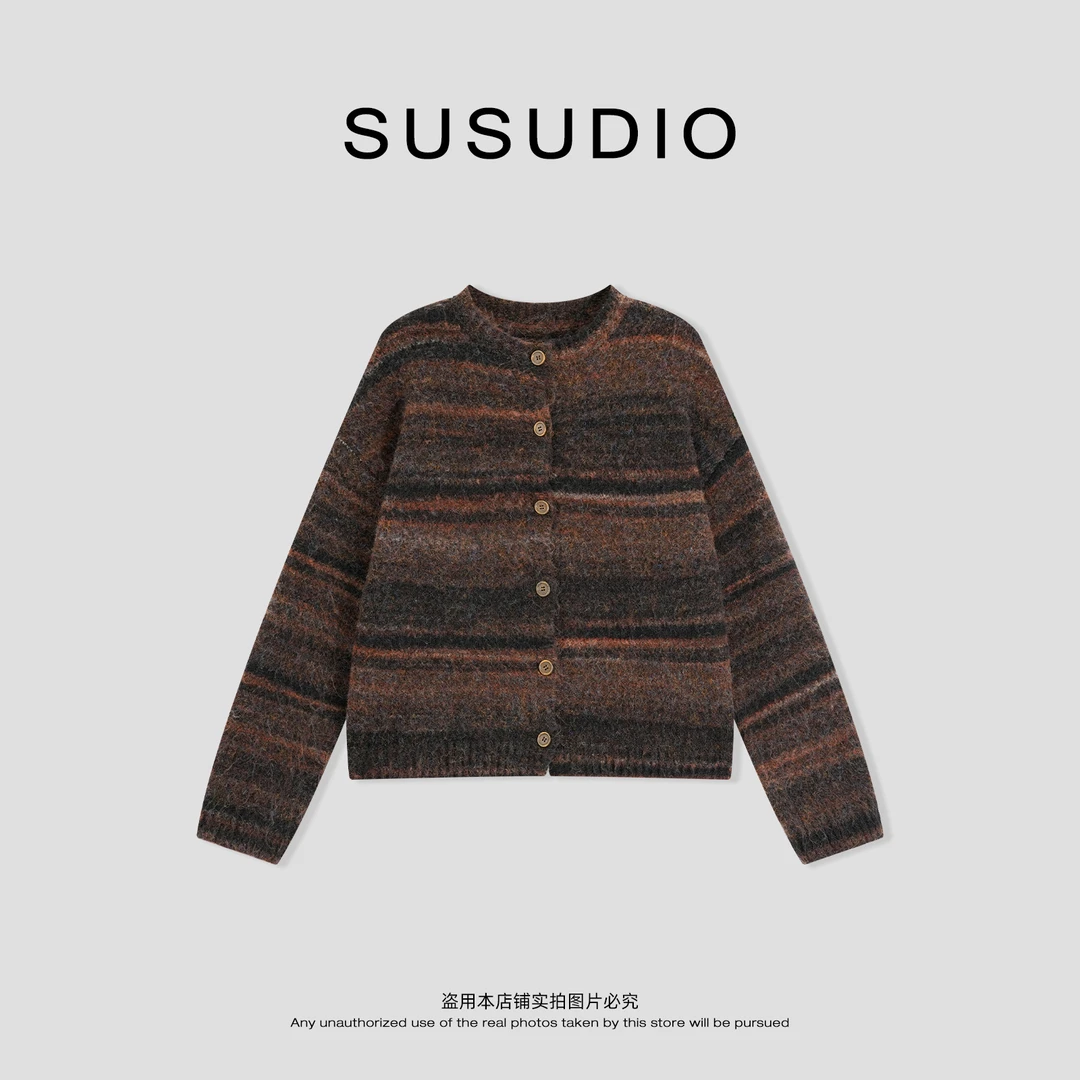 SUSUDIO 羊毛 复古花纱工艺撞色慵懒柔软圆领毛衣开衫 50286