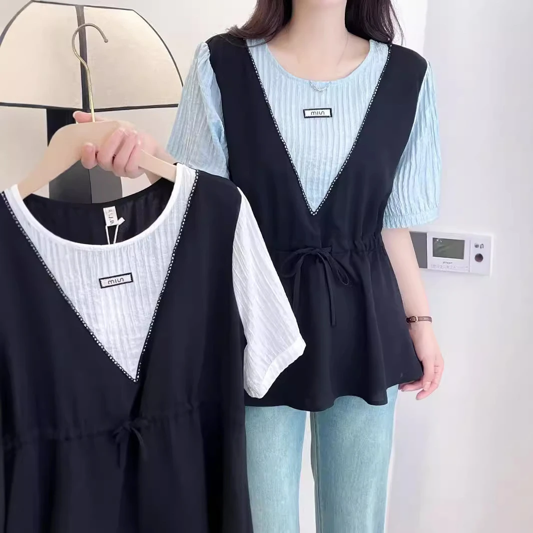 假两件圆领娃娃衫夏季新品胖MM女装拼接撞色衬衫上衣 H97 030