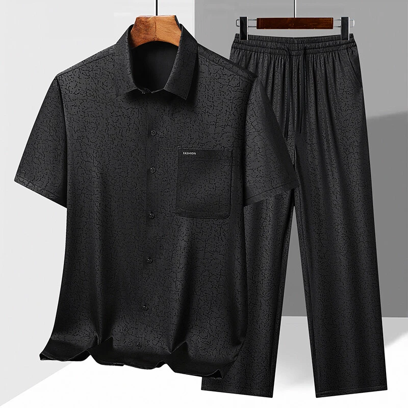 稻草人男士免烫无痕衬衫夏季薄款男短袖套装宽松唐装中老年爸爸装