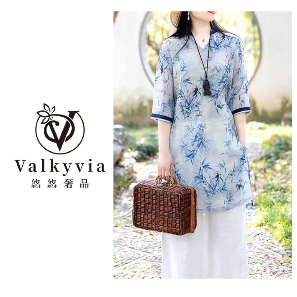 中国风复古V领印花上衣2025夏季宽松显瘦气质中长款茶服套装A335