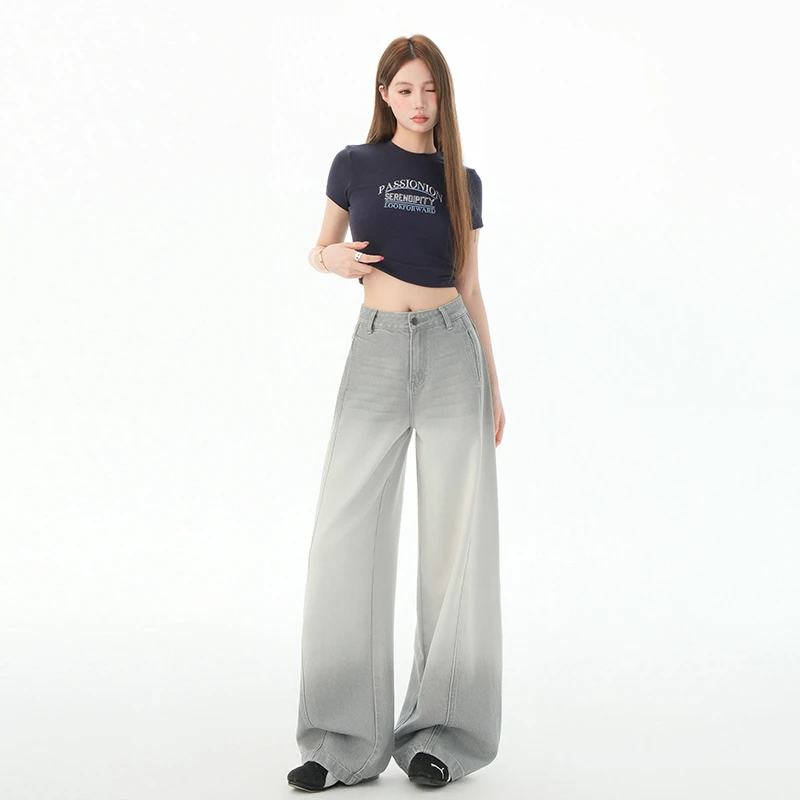 渐变灰天丝扭骨弯刀牛仔裤女2025夏季薄款小众高腰显瘦垂感拖地裤