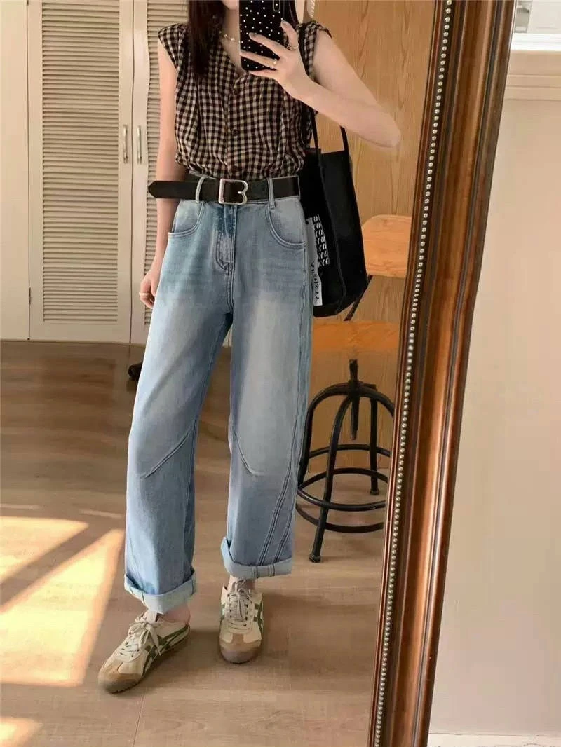 桃子 春季弹力显瘦牛仔直筒九分男友裤