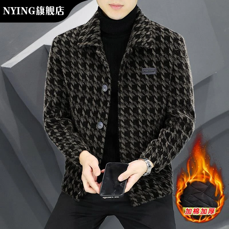 NYING秋冬季夹克外套男潮流修身痞帅短款风衣加厚格子毛呢子大衣