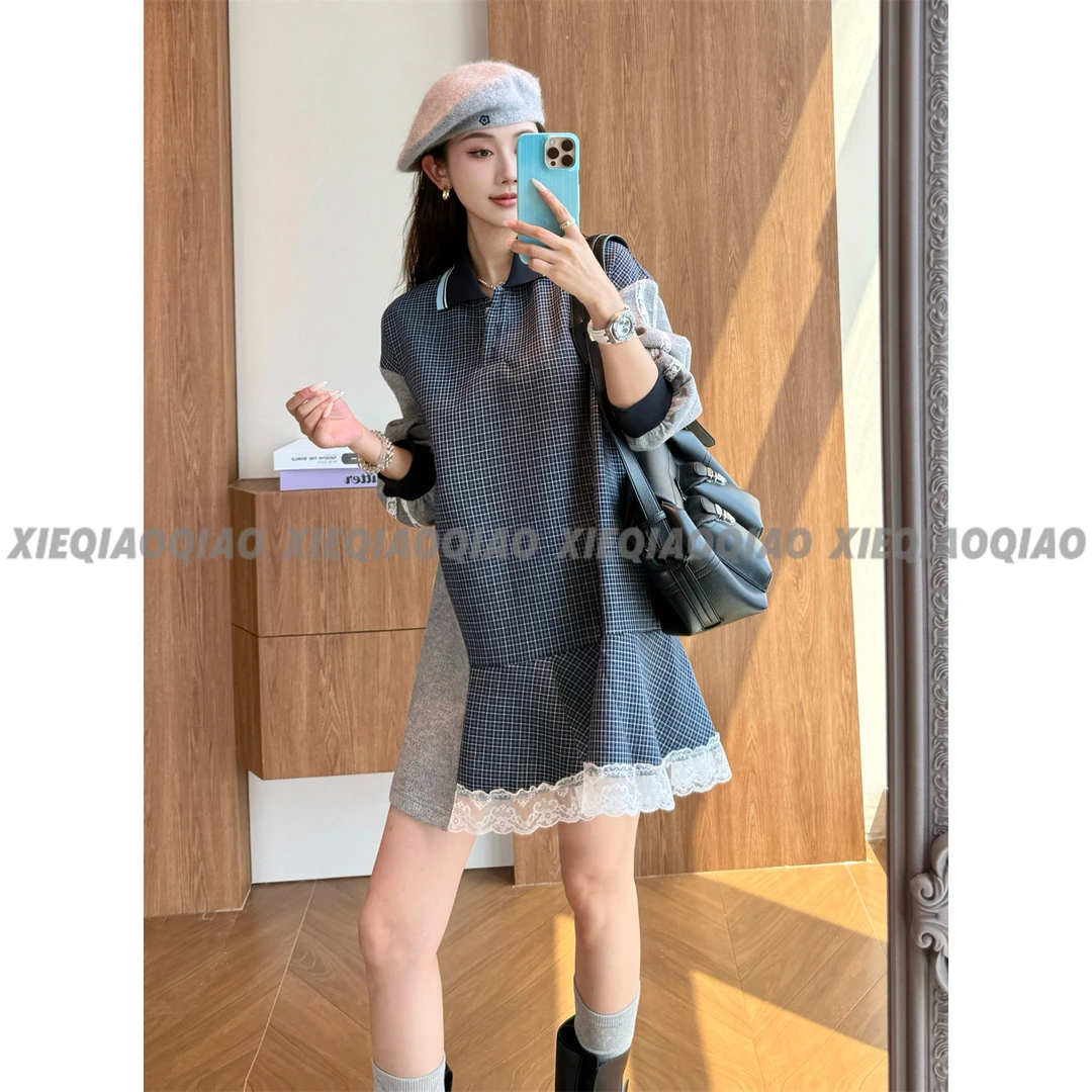 谢荞荞「涩谷格调」早秋季新款下摆拼蕾丝半开POLO领长袖格子连衣裙