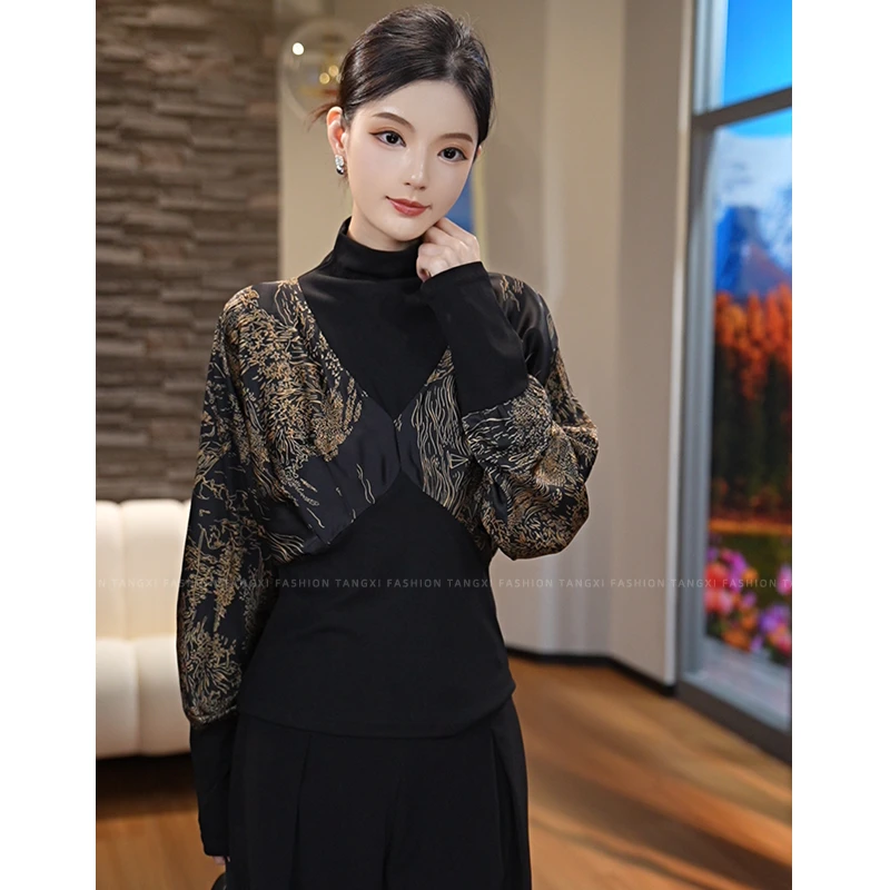 2026早秋新款【TX-8049】碎花显瘦拼接针织百搭气质缎面宽松上衣