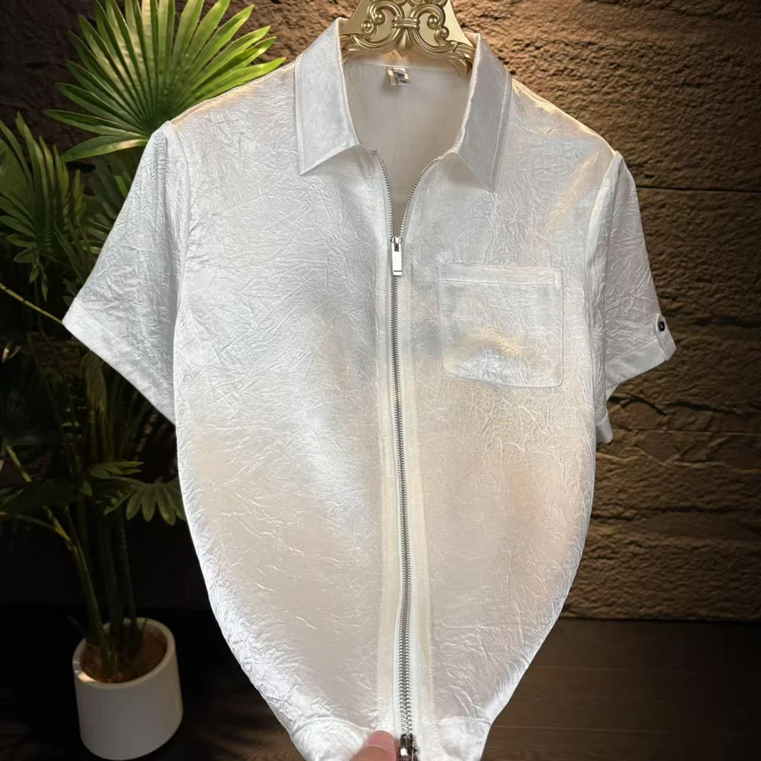 【轻奢】春夏新款100醋酸大理石纹理男士商务夏季时尚翻领衬衫半袖