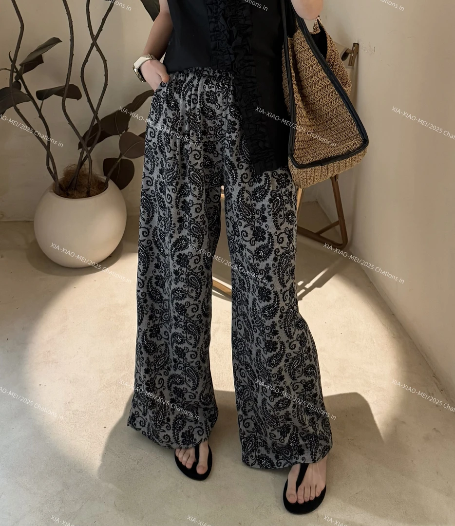 XIAOMEI ｜复古腰果花小众灰调松紧腰舒适阔腿裤-5175