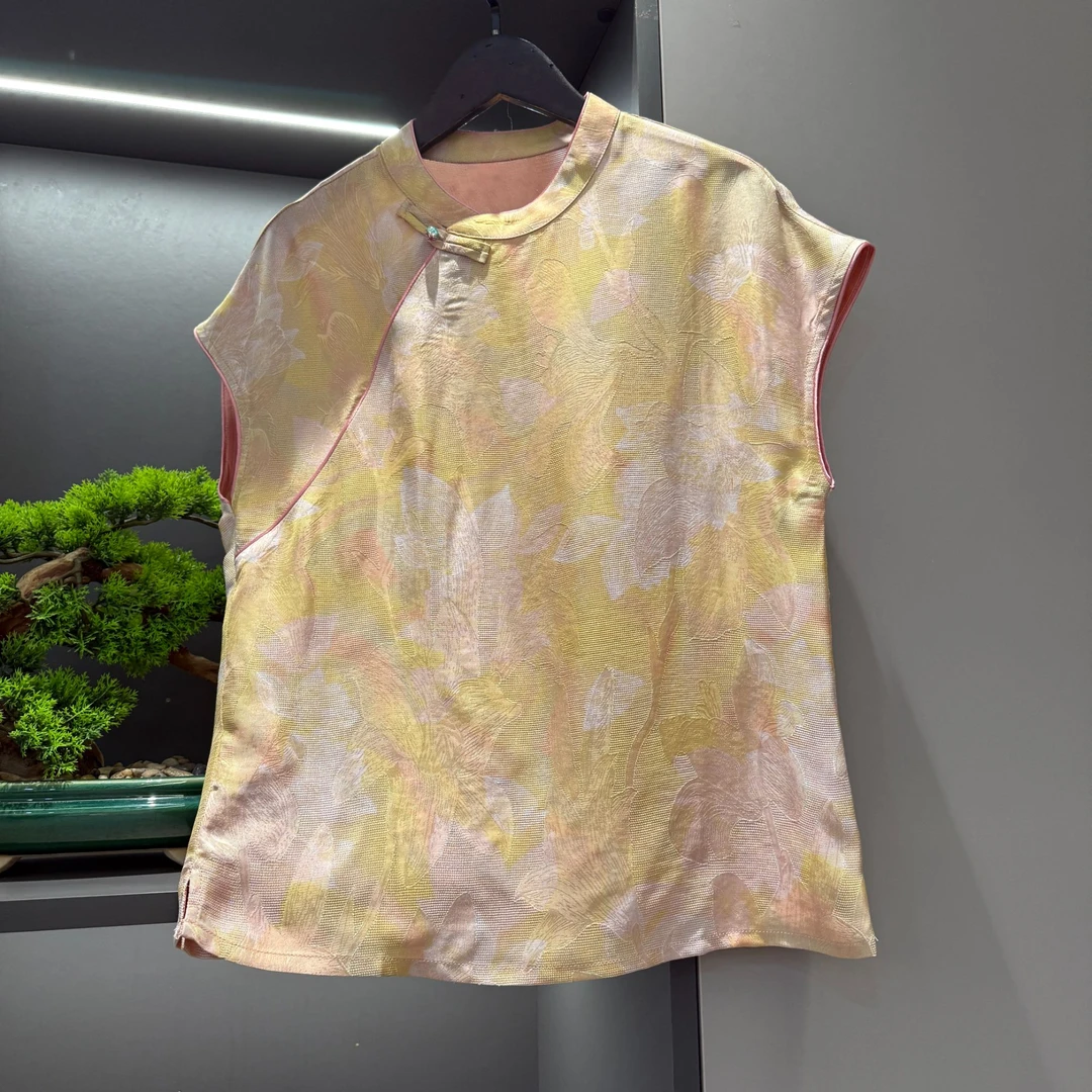 中式上衣复古斜襟盘扣传统改良晕染夏季宽松气质无袖上衣5238