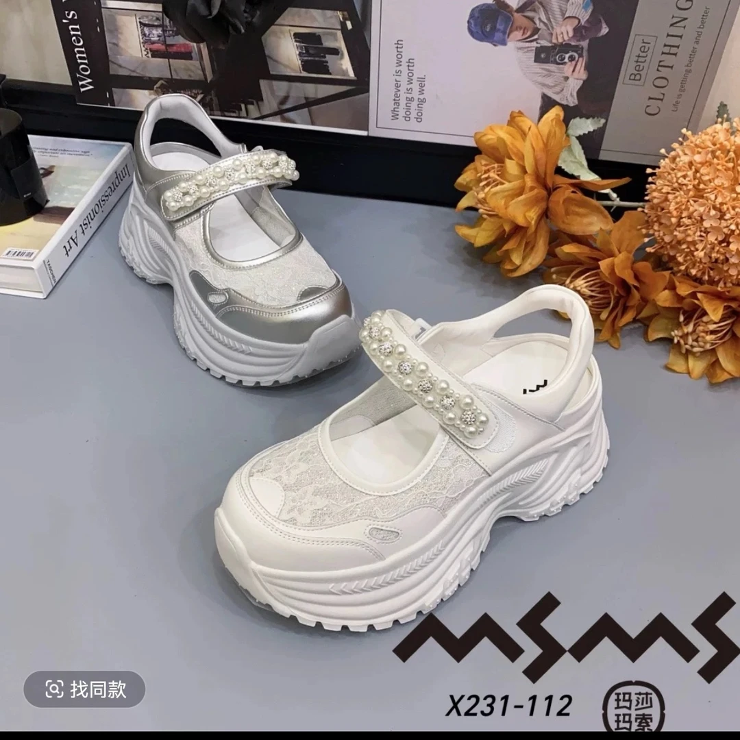<玛莎玛索>2025夏季新款231-112串珠时尚休闲厚底透气蕾丝老爹鞋.