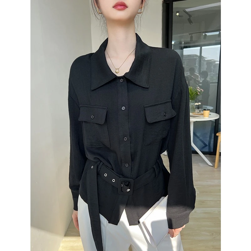 衬衫夏季2025女新款不规则宽松衬衣高级感POLO领长袖休闲上衣外穿