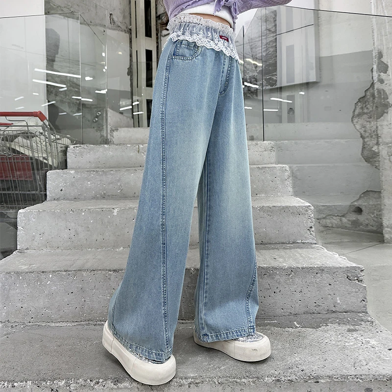 女童腰头蕾丝花边休闲直筒牛仔裤中大童儿童6-12岁洋气韩版潮款