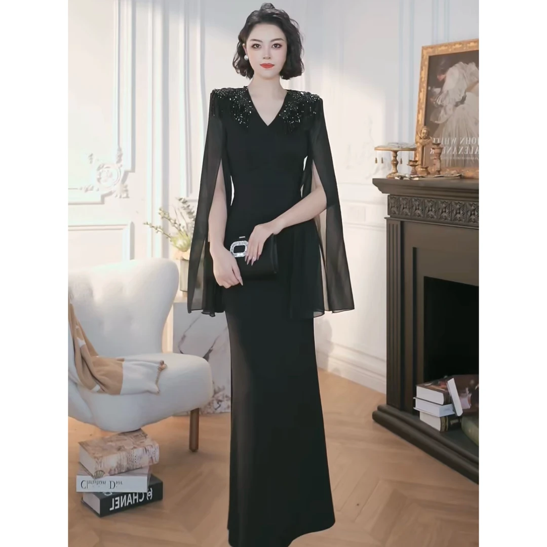 XUANYAN 气质拼接飘带袖长款v领鱼尾连衣裙