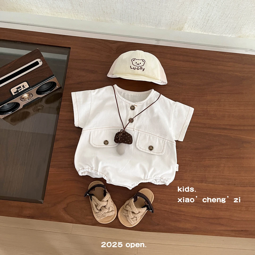 T25X153套头纯色哈衣A类男女夏季复古港风婴儿短袖爬爬服洋气百搭