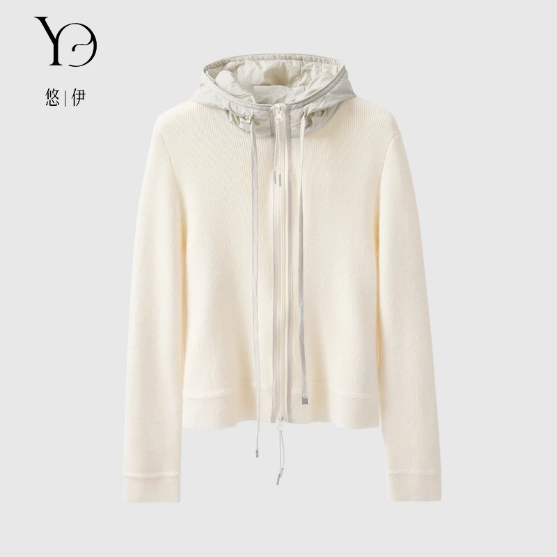 You Yi 长袖连帽纯色是时尚秋冬绵羊毛开衫拉链毛衣上衣 M53067