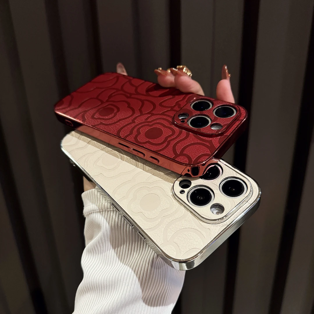 高级感山茶花适用苹果16promax手机壳电镀边框15潮14简约13防摔套