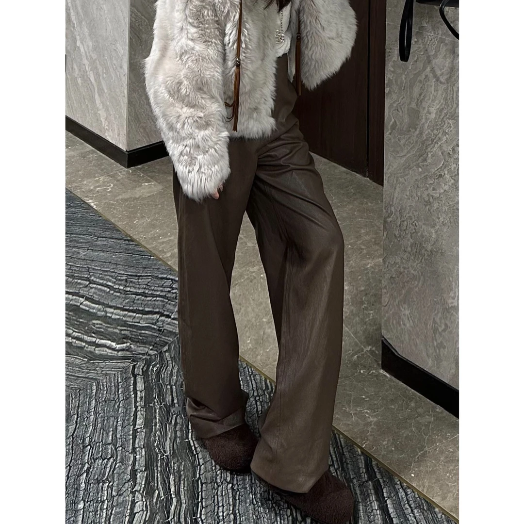 Qixiaoyao秋冬阔腿蛋白皮休闲皮裤#YTXY25063秋季直筒皮裤阔腿裤