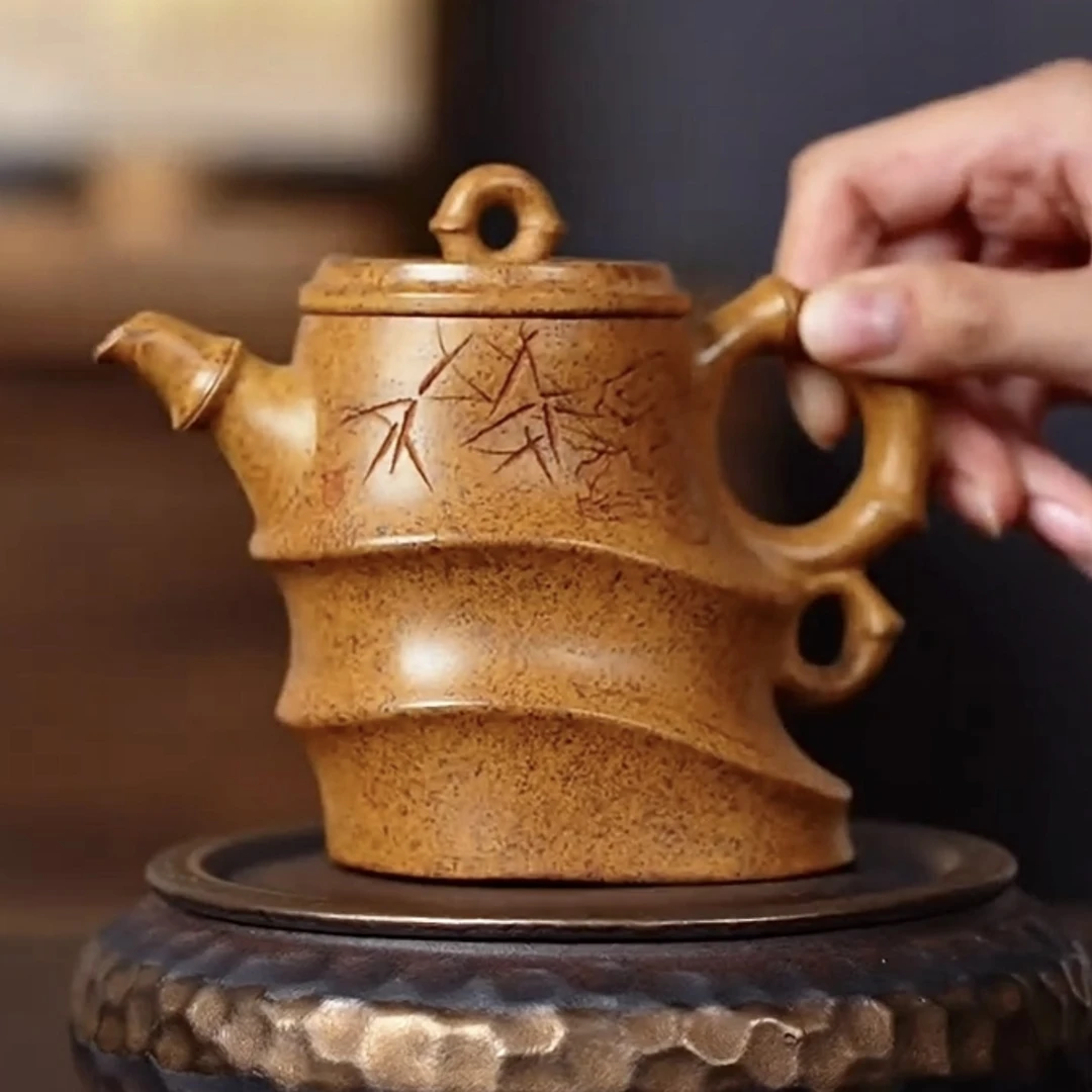 宜兴原矿柴烧全手工龙骨金砂斜竹壶中式复古大容量茶壶（礼盒包装）