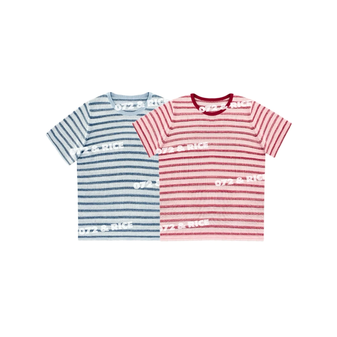 072 & RICE【粉海】亚麻 夏季休闲圆领条纹针织衫 A-32MZH088