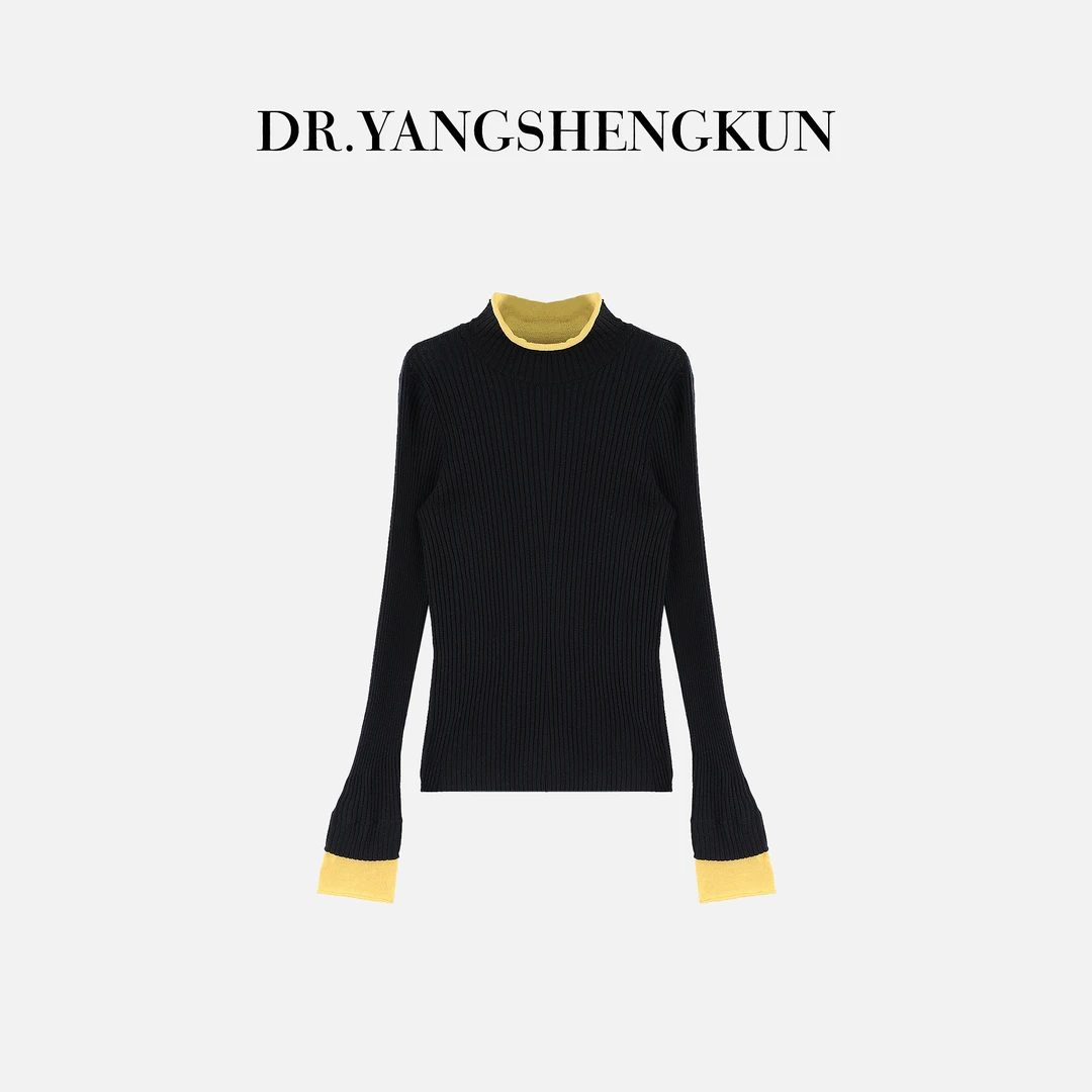 杨圣坤2025新品羊毛混纺双层领高领拼接撞色修身针织衫S82592336