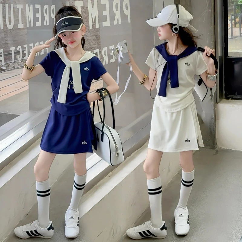 女童夏季套装2025新款韩版运动风披肩短袖T恤短裙儿童休闲两件套9