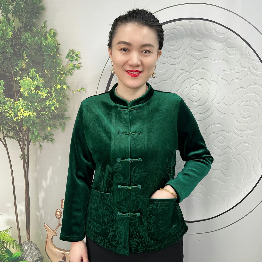 素色生香  新中式立领开衫暗花纹有口袋长袖女装