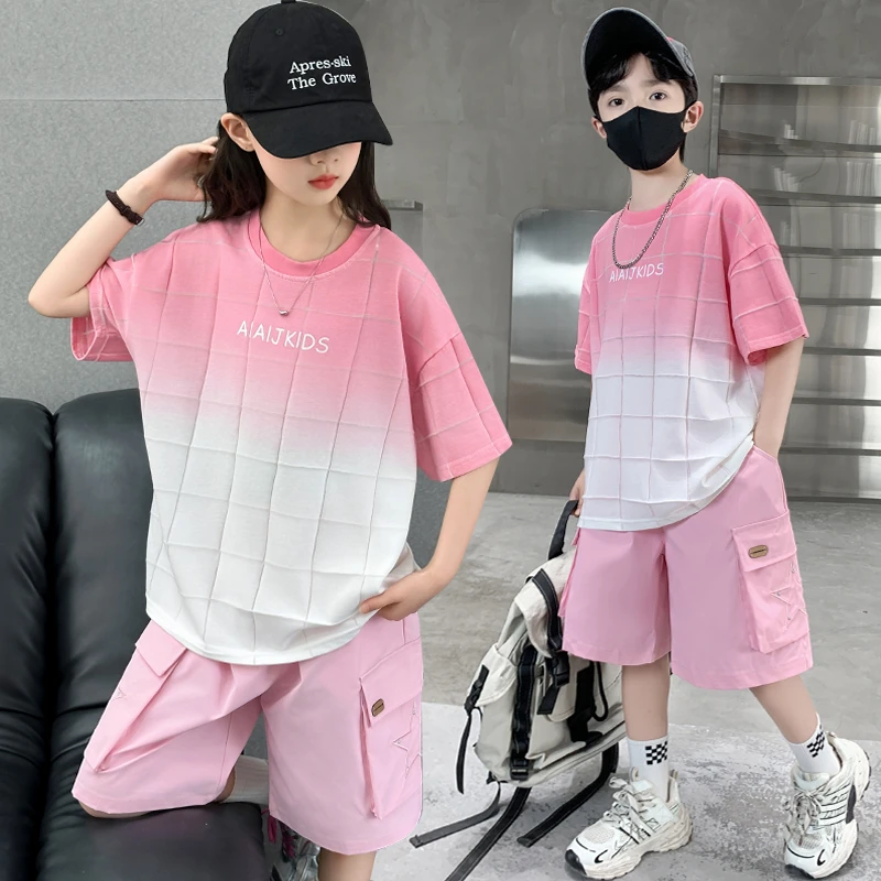 男女童夏装渐变短袖套装2025新款中大儿童夏季格子半袖运动洋气潮
