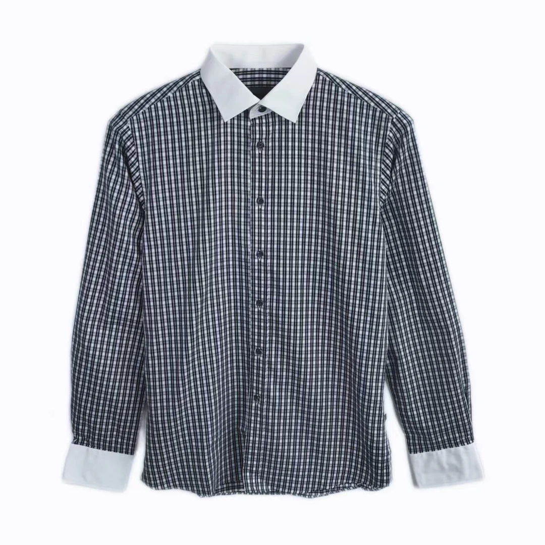 FY63237男士春秋长袖衬衣商务时尚休闲百搭撞色格纹翻领长袖衬衫