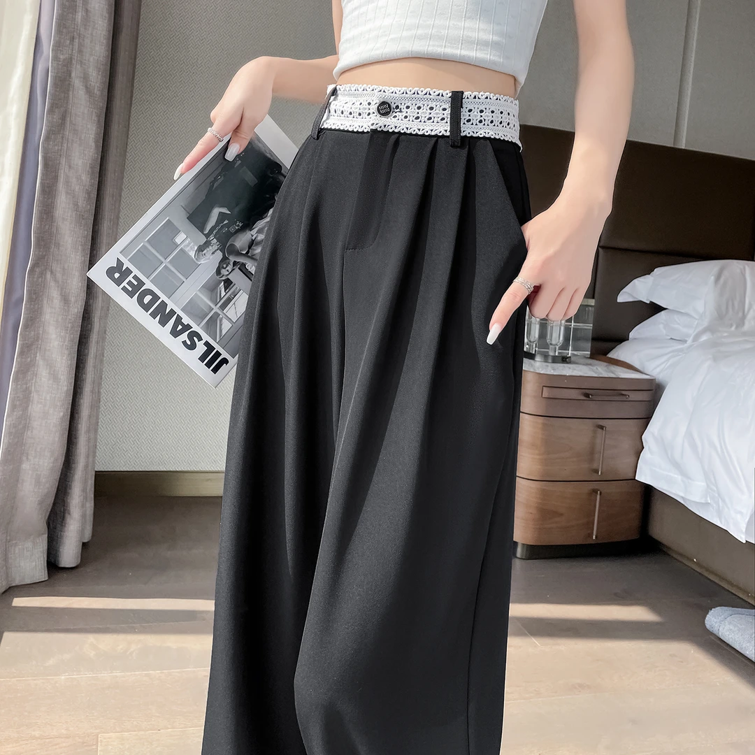 #黑色蕾丝高腰西裤阔腿裤直筒2025新款宽松休闲子
