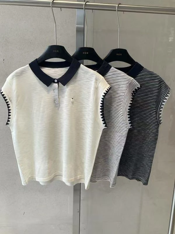 拼色条纹方领T恤