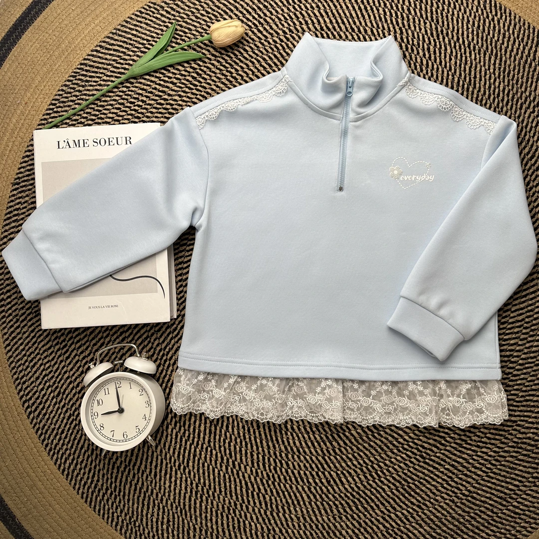 【童装】女童2025夏秋款韩版休闲百搭长袖蕾丝拼接上衣蓝色卫衣