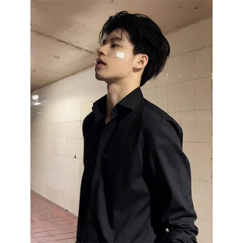 意式那不勒斯衬衫男春秋cleanfit高级感垂感衬衣痞帅黑色西装内搭