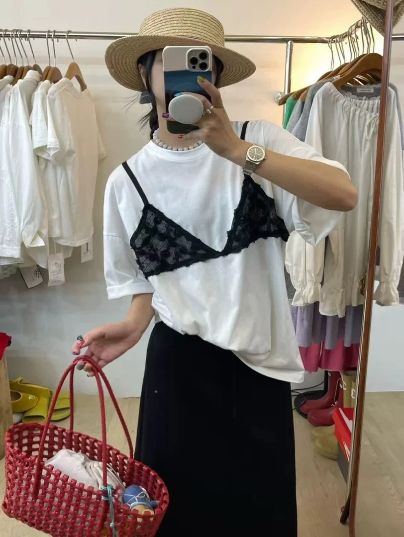 루루가−（黑金派对）韩国东大门拼贴时尚宽松超酷假两件时髦短袖T恤